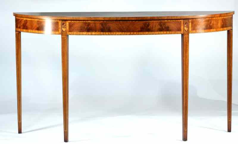 Appraisal: Hepplewhite Style Console Table th century demilune form banded mahogany