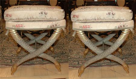 Appraisal: Pair of Neoclassical Painted and Gilted Curule Stools Estimate nbsp