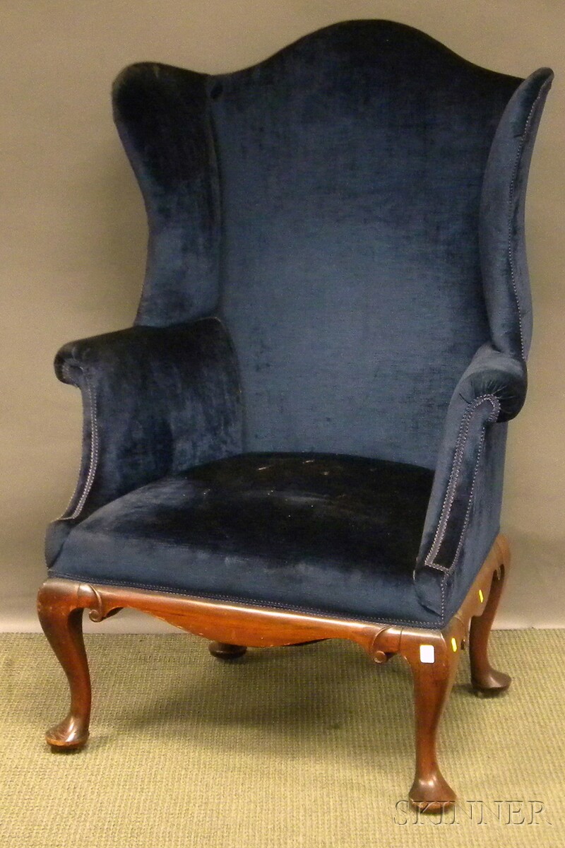 Appraisal: Queen Anne-style Upholstered Carved Mahogany Wing Chair