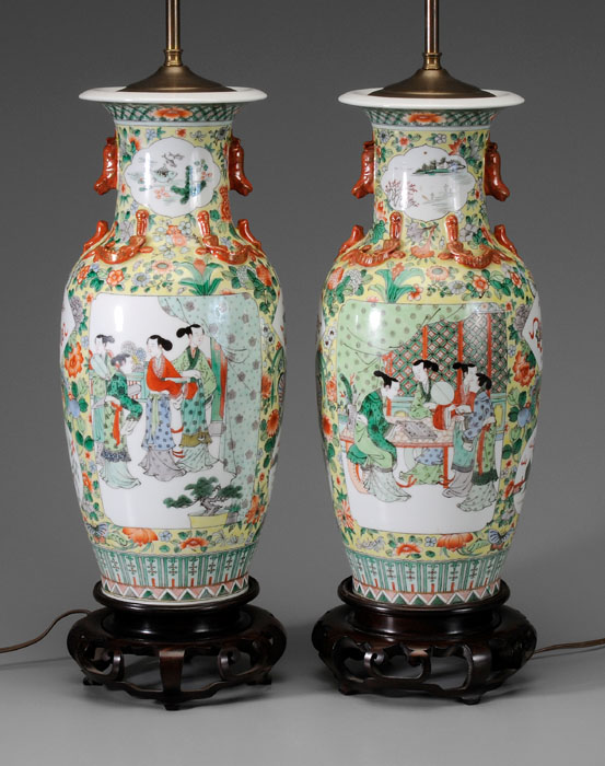 Appraisal: Pair Famille Verte Porcelain Vases Chinese early th century shoulders