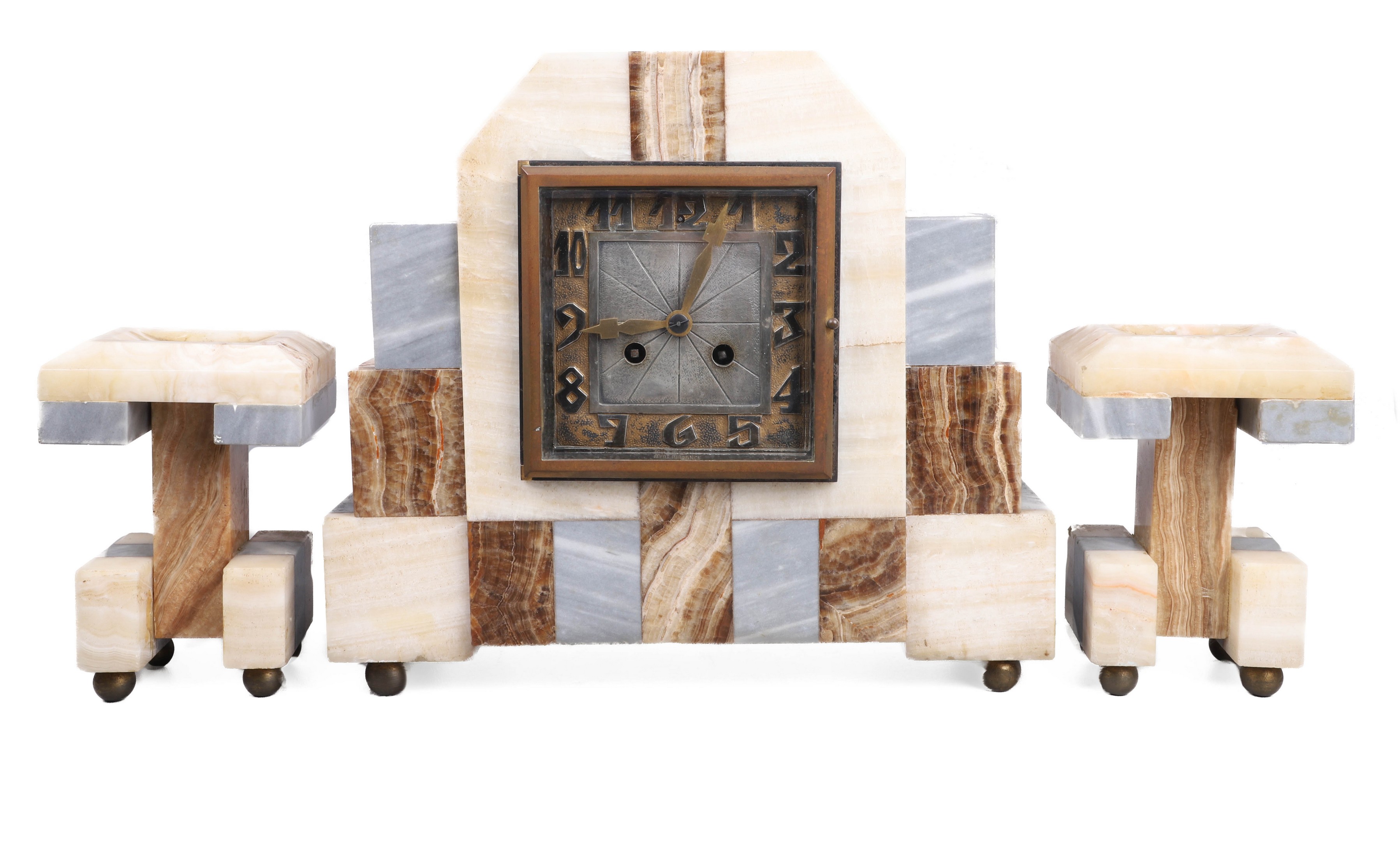 Appraisal: French Art Deco agate clock and garniture set including tiered