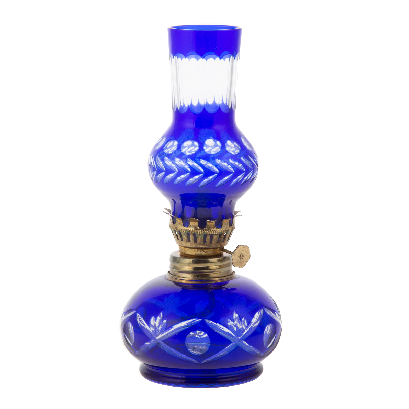 Appraisal: BOHEMIAN COBALT CUT TO CLEAR MINIATURE OIL LAMP Having brass