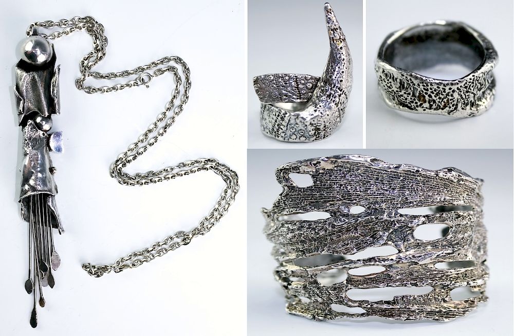 Appraisal: Sterling Silver Jewelry LOT Ring Necklace Bracelet Collection of brutalist