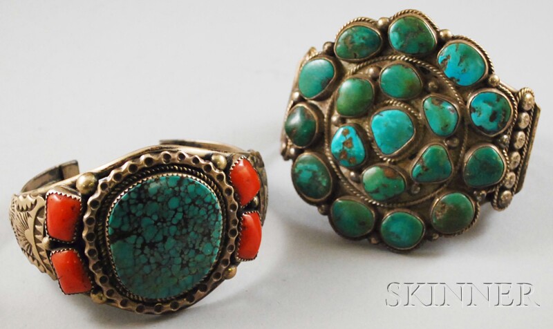 Appraisal: Two Southwest-style Silver and Hardstone Cuffs one set with turquoise