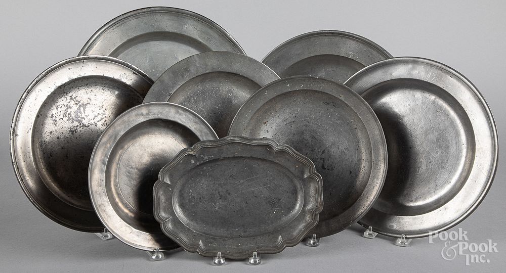 Appraisal: Eight pewter chargers and trays Eight pewter chargers and trays