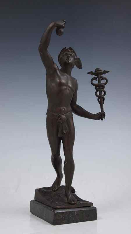 Appraisal: MERCURY BRONZE SCULPTURE WITH BAG OF COIN AND CADUCEUS ''