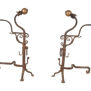 Appraisal: A Pair of Continental Iron Large Andirons TH CENTURY Pair