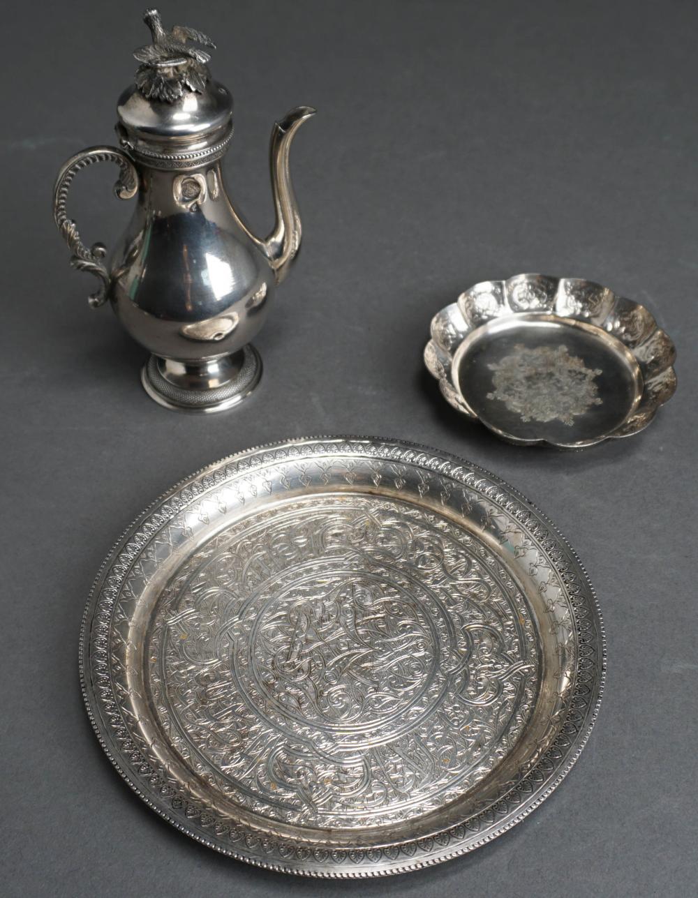 Appraisal: OTTOMAN -SILVER DEMITASSE EGYPTIAN -SILVER PLATE AND PERSIAN -SILVER DISH