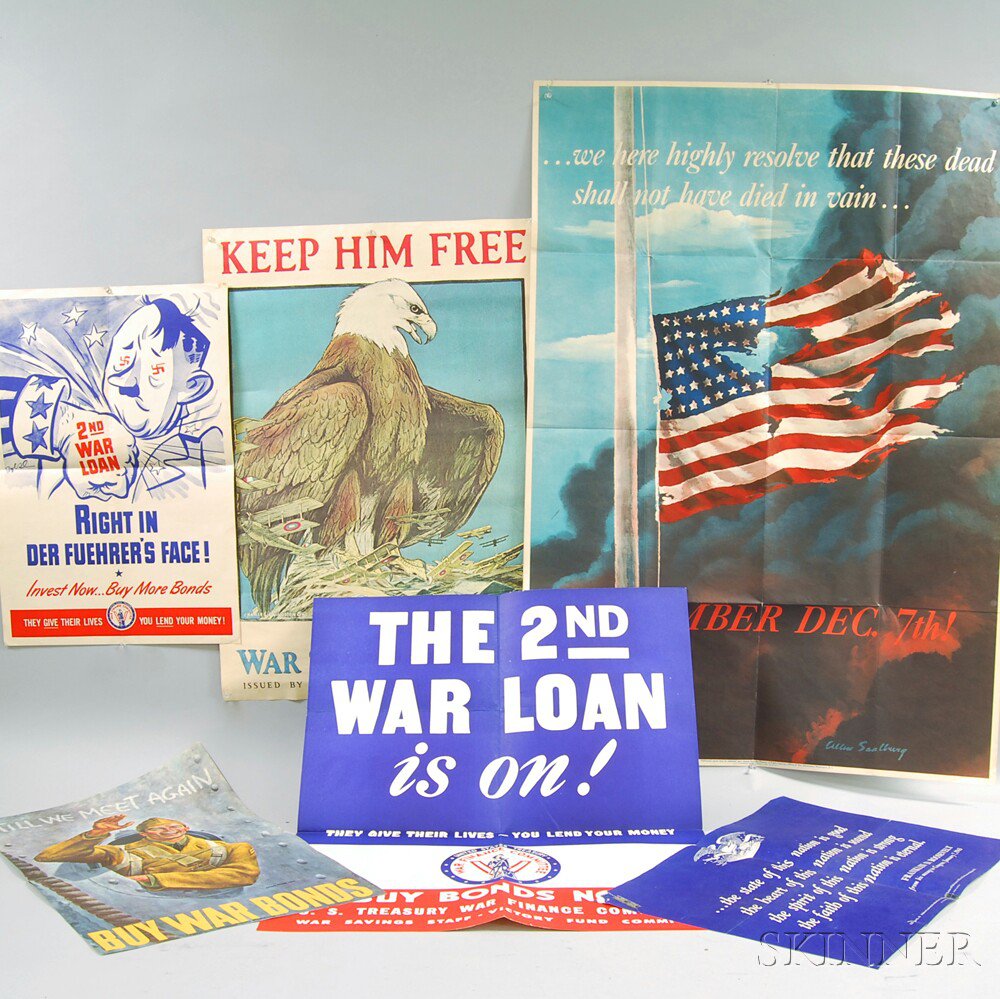 Appraisal: Eight Vintage and Reproduction War Bonds Posters mostly vintage WWII