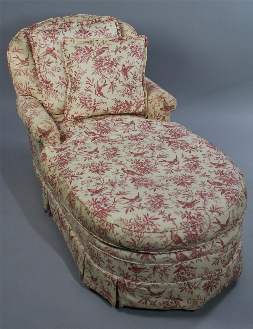 Appraisal: EDWARDIAN STYLE UPHOLSTERED CHAISE LOUNGE in a red on natural