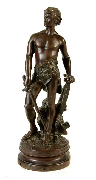 Appraisal: A French patinated bronze figure Devoir after a model by