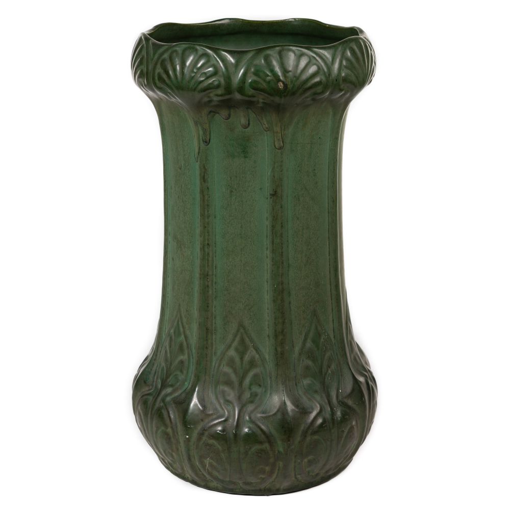 Appraisal: ATTRIBUTED TO WELLER UMBRELLA STANDMatte green umbrella stand having foliate