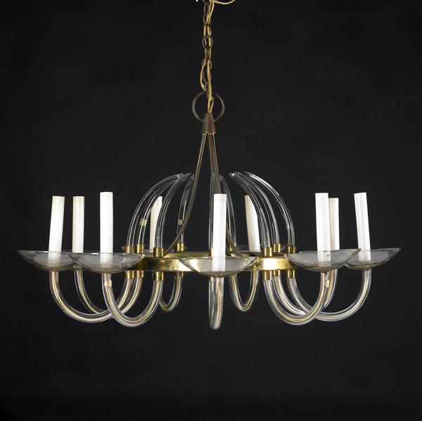 Appraisal: GERMAN Nine-arm chandelier in brass and clear glass Frame stamped