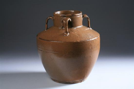 Appraisal: CHINESE BROWN STONEWARE VESSEL Ming Dynasty With four loop handles