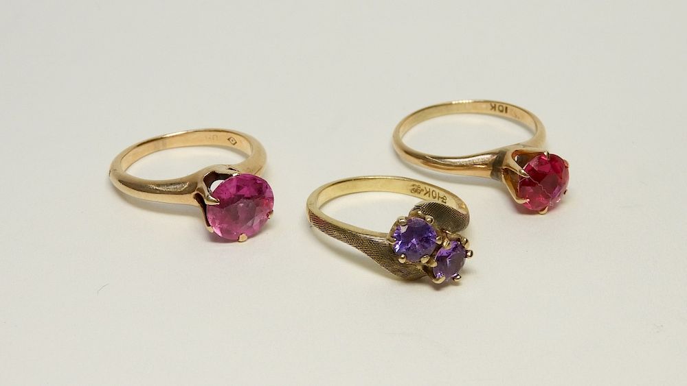 Appraisal: Estate K Gold Amethyst Ruby Spinel Rings th Century Three