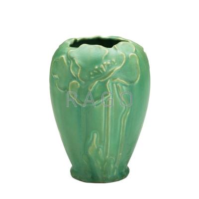 Appraisal: CLIFTON First-fire poppy vase matte-green glaze Newark NJ Incised Clifton