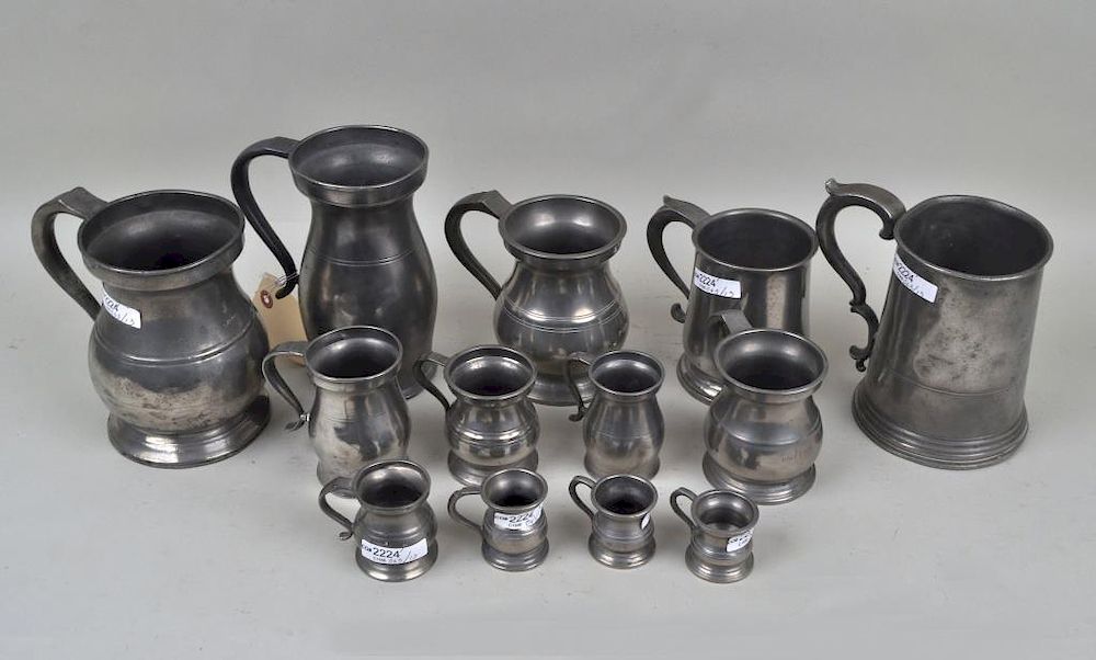 Appraisal: Group Thirteen Pewter Tankards ranging in size from large to