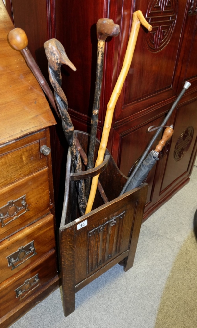 Appraisal: Oak carved linen fold corner umbrella stand with carved wood