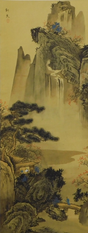 Appraisal: JAPANESE MOUNTAIN LANDSCAPE HANGING WALL SCROLL Japan Scenic genre scene