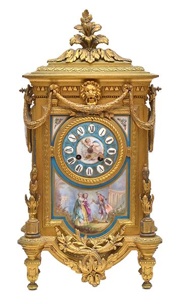 Appraisal: A FRENCH GILT METAL MANTEL CLOCK INSET WITH PORCELAIN PANELS