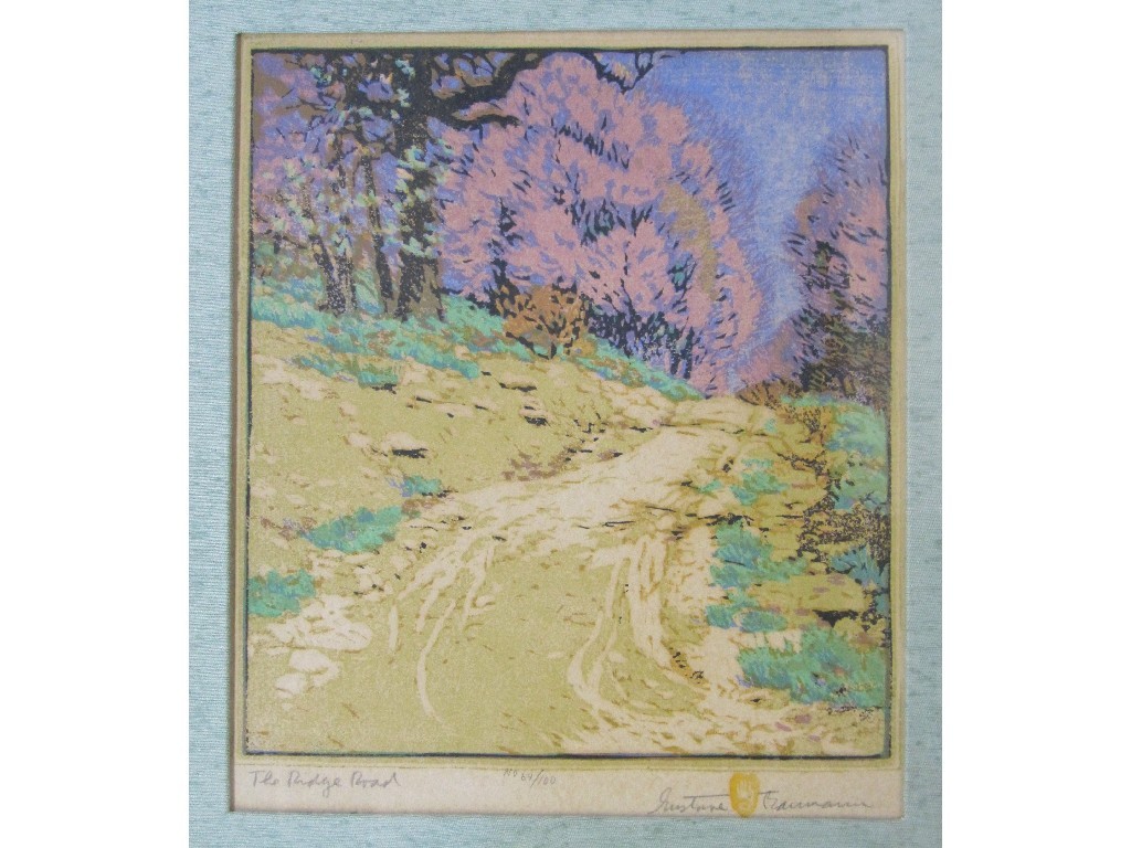 Appraisal: GUSTAVE BAUMANN - Woodcut in colours 'The Ridge Road' signed