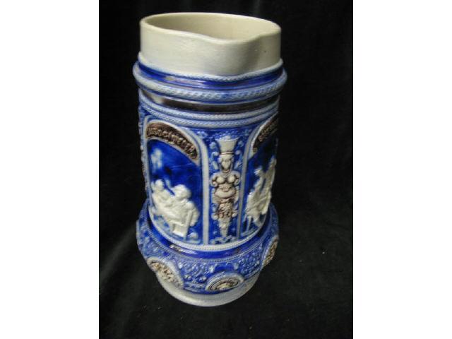 Appraisal: German Stoneware Pottery Tankard salt glaze cobalt on raised scenes