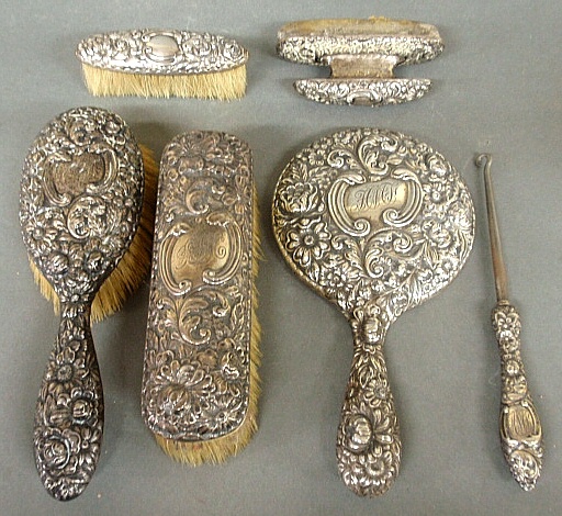 Appraisal: - Six-piece sterling silver dresser set- hand mirror l x