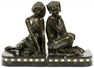 Appraisal: PIERRE LEFAGUAYS BRONZE BOOKENDS PAIR ITALIAN CARVED MARBLE ALABASTER FIGURAL