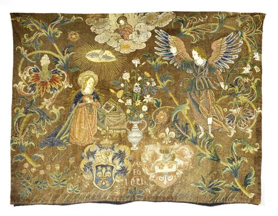 Appraisal: EMBROIDERY THE ANNUNCIATION France dated th century work x cm