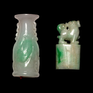 Appraisal: Two Chinese Apple Green and Pale Celadon Jadeite Articles the