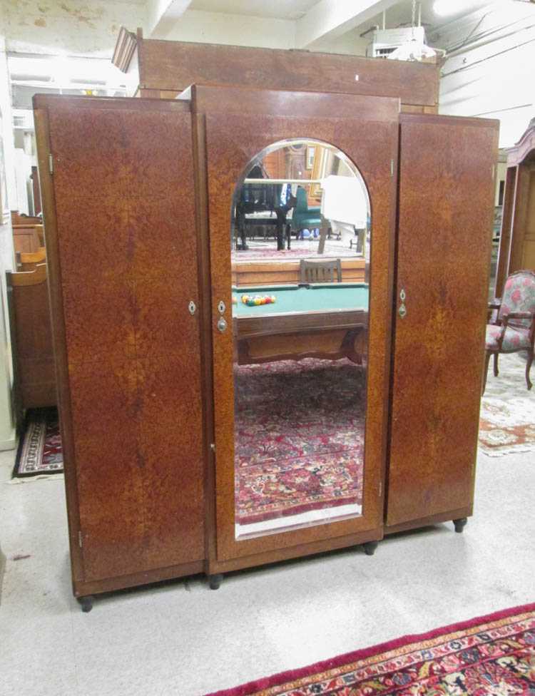 Appraisal: LARGE THREE-DOOR BURL WOOD ARMOIRE Continental late th century center