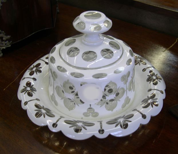 Appraisal: Rare Bohemian Cut White Overlay Glass Cheese Dome and Underplate