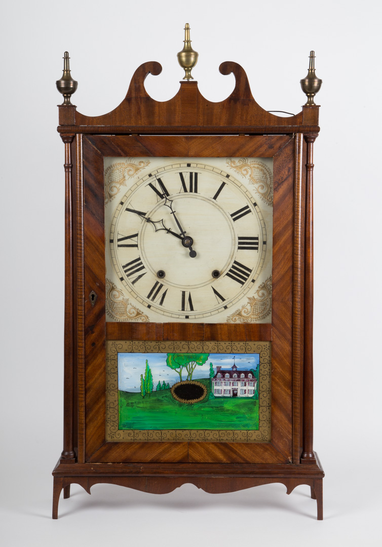 Appraisal: Eli Terry mahogany pillar and scroll clock circa with eglomise