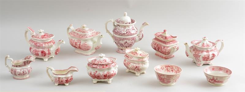 Appraisal: GROUP OF ELEVEN STAFFORDSHIRE RED TRANSFER-PRINTED ARTICLES Comprising a cranberry