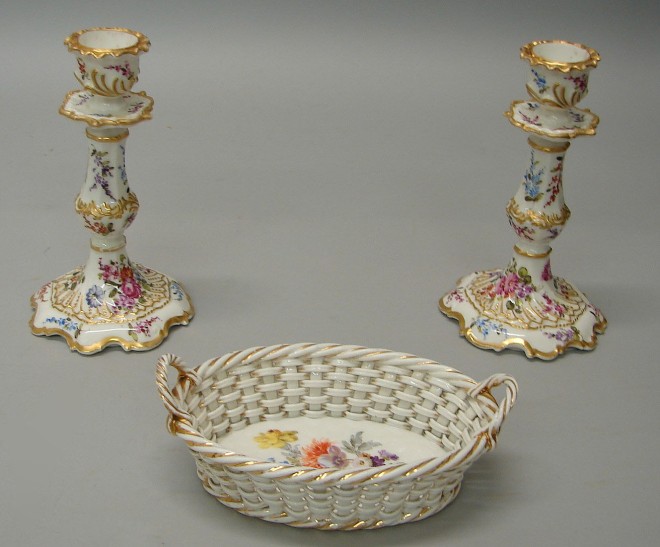 Appraisal: Lot of three Two candlesticks featuring hand painted floral motif