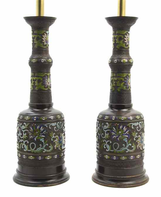 Appraisal: A Pair of Enameled Bronze Vases each having polychrome scrolling