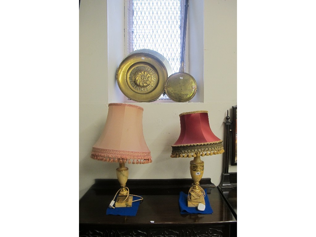 Appraisal: two modern table lamps bed warming pan brass plaque and