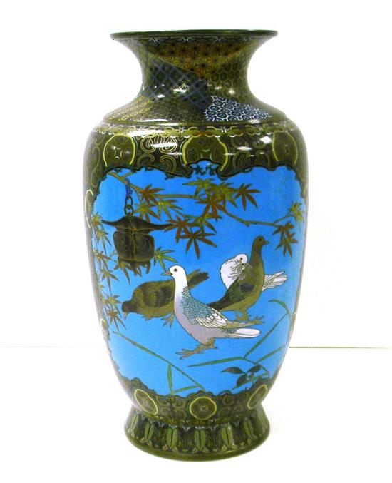 Appraisal: Cloisonn vase turquoise-colored field with two scenes one with pigeons