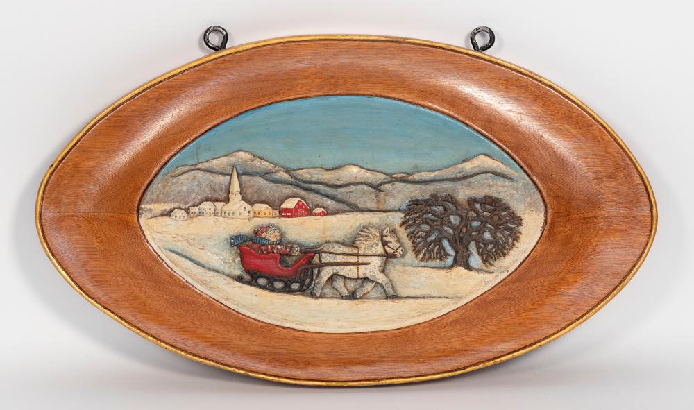 Appraisal: LARGE DOUBLE-SIDED PAINTED WOOD CARVING OF A WINTER SCENE LATE