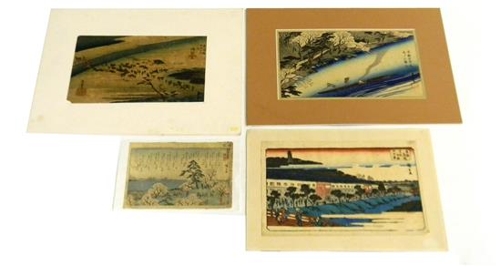 Appraisal: ASIAN Four Japanese woodblock print landscapes all signed Hiroshige -