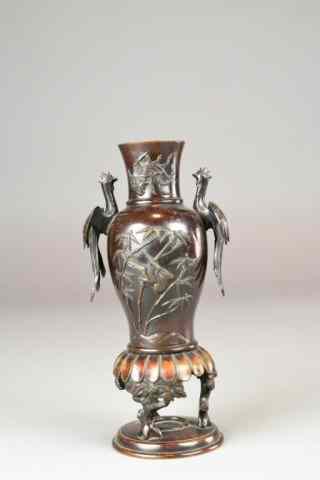 Appraisal: Japanese Bronze Incense Vase with PhonixBronze base having two Phoenix-shaped