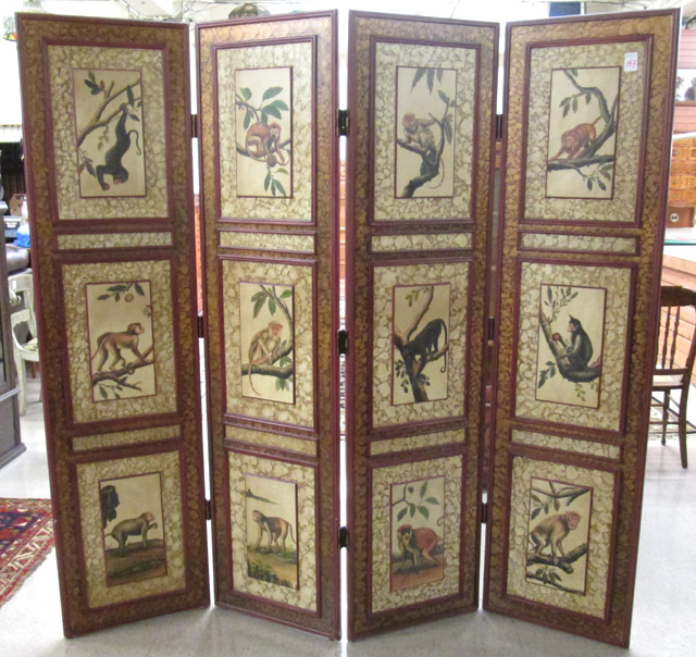 Appraisal: TALL DECORATIVE FOUR-PANEL FLOOR SCREEN featuring subpanels each hand painted