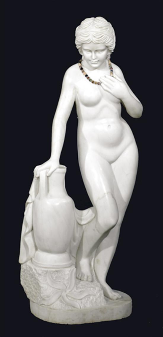 Appraisal: Continental school th century NUDE WOMAN WITH GRECIAN URNcarved marble