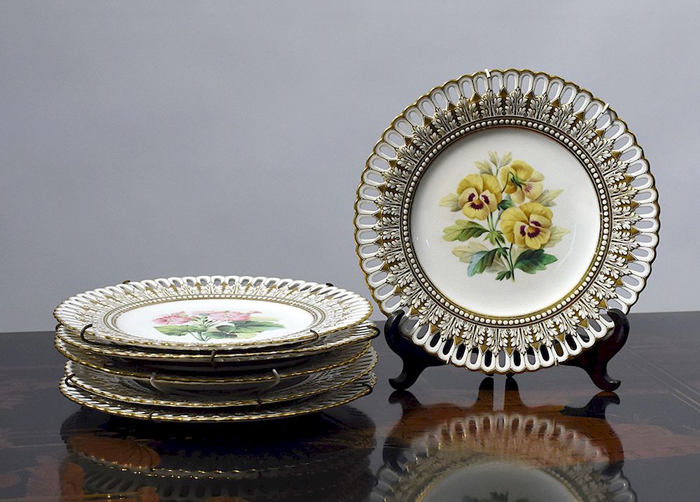 Appraisal: Set of six European hand painted reticulated plates Set of