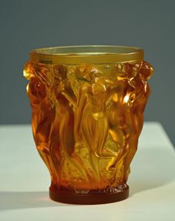 Appraisal: Lalique Amber Bacchantes Vase Large Lalique amber Bacchantes vase -