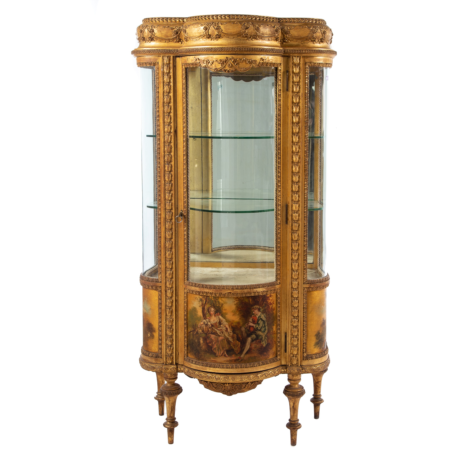 Appraisal: CONTINENTAL VERNIS MARTIN VITRINE th century giltwood shaped cabinet having