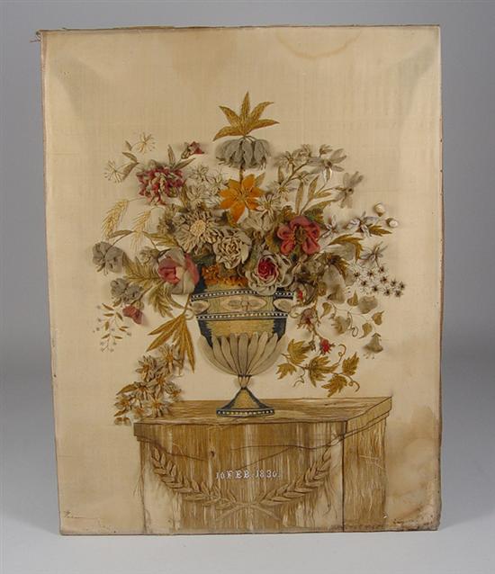 Appraisal: Puffed Needlework Silk backing with silk and wool thread Flowers