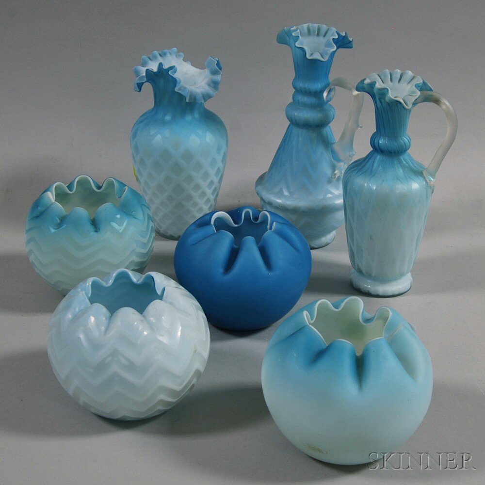 Appraisal: Seven Pieces of Sky Blue Victorian Satin Glass four rose