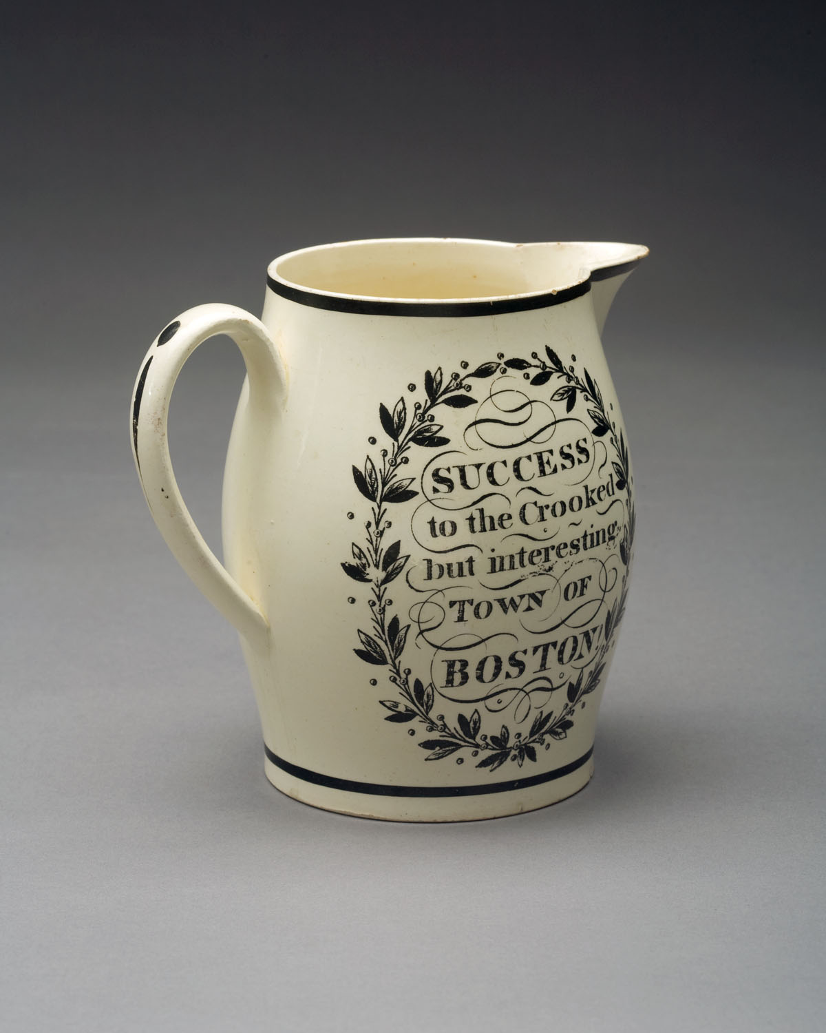 Appraisal: ENGLISH CREAMWARE BLACK TRANSFER-PRINTED JUG OF AMERICAN INTEREST EARLY NINETEENTH