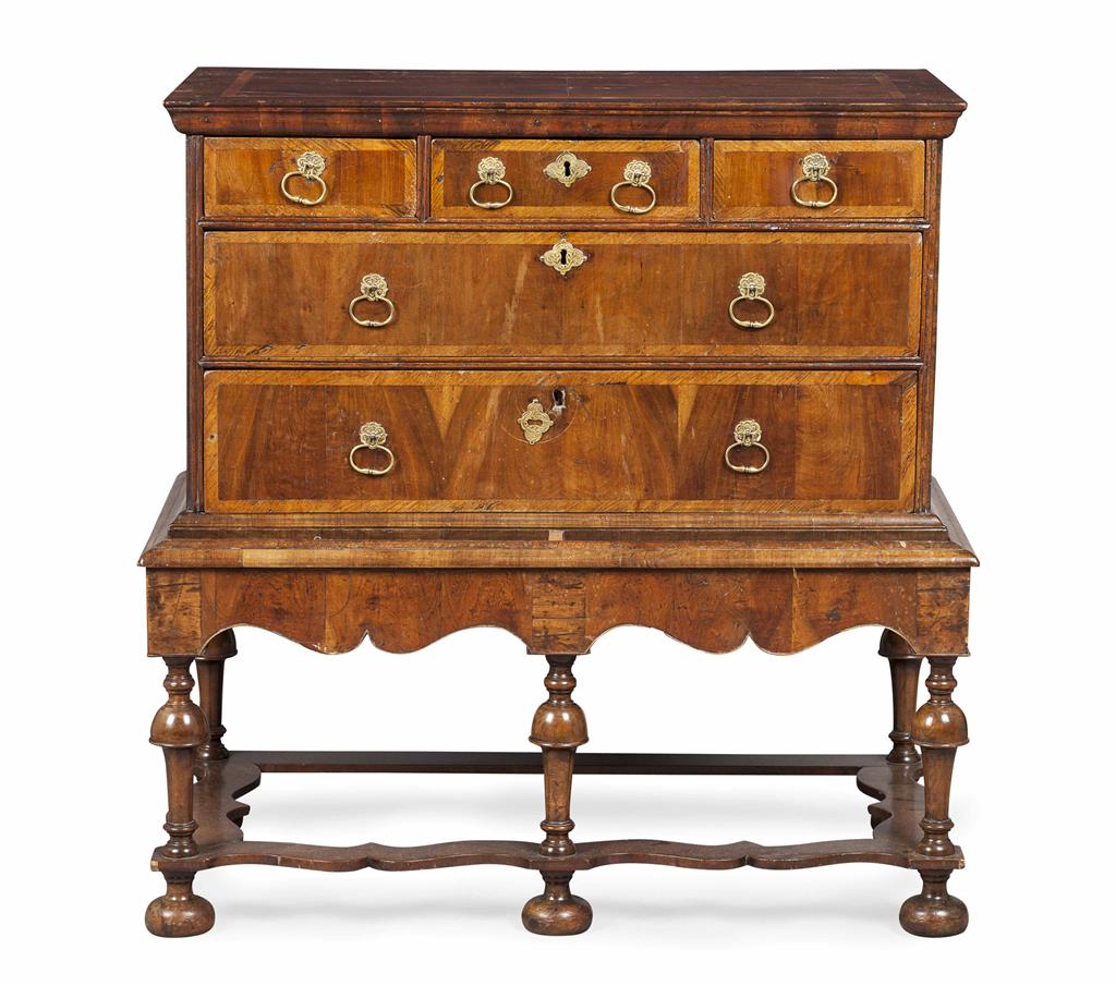 Appraisal: WILLIAM MARY WALNUT CROSSBANDED DWARF CHEST ON STAND TH CENTURY